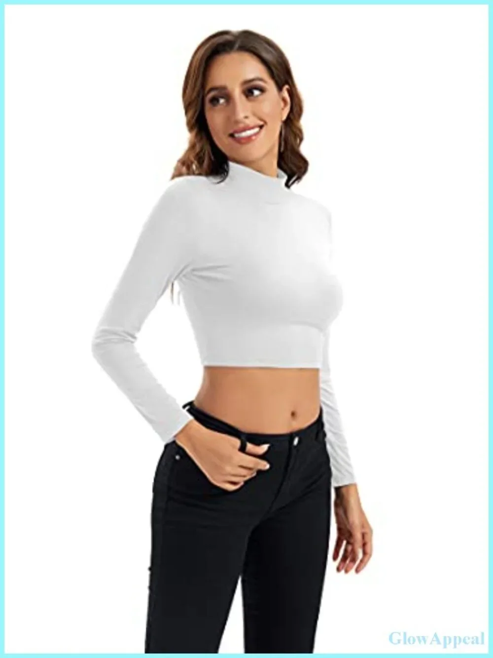 Long Sleeve Crop Top Mock Neck Slim Fit Stretch Rayon